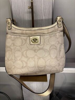 Coach Beige Signature Canvas Shoulder Bag with Gold Trim